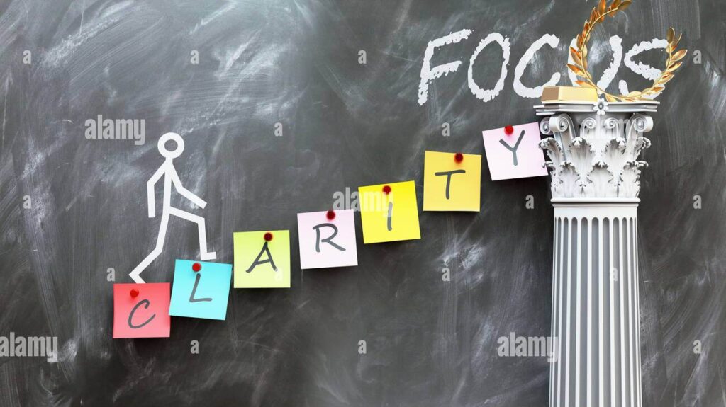 Illustration of a person climbing colorful sticky notes spelling "CLARITY" towards a goal labeled "FOCUS" on a chalkboard background